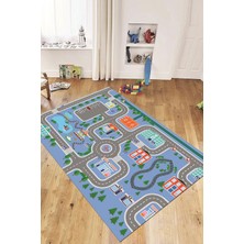 Evdeya Trafik Yollu Arabalı Yıkanabilir Eğlendirici Çocuk Odası Oyun Halısı, Çocuk-47-Mavi,