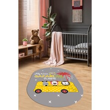 Evdeya Dijital Baskılı Kaymaz Yıkanabilir Otobüs Safari Desen Oval Çocuk Odası Halısı, O-Çocuk-01-Sarı,