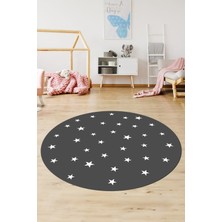 Evdeya Dijital Kaymaz Yıkanabilir Yıldız Desen Yuvarlak Çocuk Odası Oyun Halısı, Y-Çocuk-32-Antrasit,