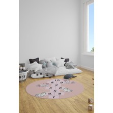 Evdeya Unicornlu Seksek Desen Yıkanabilir Eğlenceli Yuvarlak Çocuk Odası Oyun Halısı, Y-Çocuk-37-Pembe,