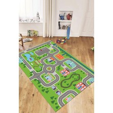 Evdeya Trafik Yollu Arabalı Yıkanabilir Eğlendirici Çocuk Odası Oyun Halısı, Çocuk-47-Yeşil,
