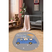 Evdeya Dijital Baskılı Kaymaz Yıkanabilir Otobüs Safari Desen Oval Çocuk Odası Halısı, O-Çocuk-01-Mavi,