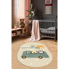Evdeya Dijital Baskılı Kaymaz Yıkanabilir Otobüs Safari Desen Oval Çocuk Odası Halısı, O-Çocuk-01-Yeşil,