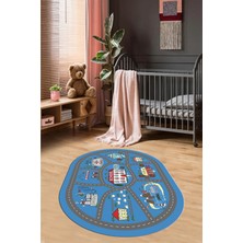 Evdeya Dijital Baskılı Kaymaz Yıkanabilir Trafik Araba Yollu Oval Çocuk Odası Halısı, O-Çocuk-02-Mavi,