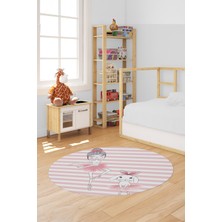 Evdeya Dijital Kaymaz Yıkanabilir Balerin Kız Desenli Yuvarlak Çocuk Odası Halısı, Y-Çocuk-09-Pembe,