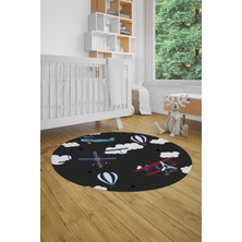 Evdeya Dijital Kaymaz Yıkanabilir Bulut Uçak Desenli Yuvarlak Çocuk Odası Halısı, Y-Çocuk-23-Antrasit,