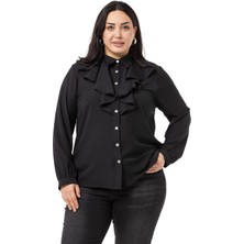 Disentis Modest Büyük Beden Yakası Çift Volanlı Siyah Gömlek