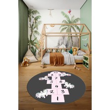 Evdeya Unicornlu Seksek Desen Yıkanabilir Eğlenceli Yuvarlak Çocuk Odası Oyun Halısı, Y-Çocuk-37-Antrasit,