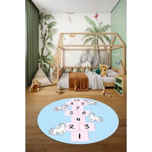 Evdeya Unicornlu Seksek Desen Yıkanabilir Eğlenceli Yuvarlak Çocuk Odası Oyun Halısı, Y-Çocuk-37-Mavi,