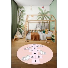 Evdeya Unicornlu Seksek Desen Yıkanabilir Eğlenceli Yuvarlak Çocuk Odası Oyun Halısı, Y-Çocuk-37-Pembe,