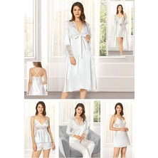 Alissa Kadın Ekru Saten Çeyiz Seti 6 Parça Dantelli Sabahlık Gecelik Pijama Şortlu Takım
