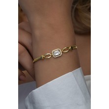 Nereze 925 Ayar Gümüş Gold Kaplama Balık Sırtı Model Tektaş Bileklik
