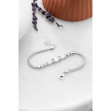 Nereze 925 Ayar Gümüş Rodyum Kaplama Balık Sırtı Zincirli 3 Baget Taşlı Bileklik