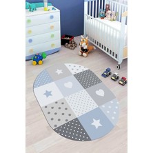 Evdeya Dijital Baskılı Kaymaz Yıkanabilir Yıldız Kalp Desenli Oval Çocuk Odası Halısı, O-Çocuk-10-Mavi,