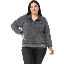 Disentis Modest Büyük Beden Pis Dikişli Fermuarlı Yırtmaçlı Parça Boyalı Antrasit Sweatshirt