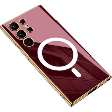 ZORE Galaxy Uyumlu S23 Ultra Kılıf Wireless Şarj Özellikli Kenarları Elektroplating Kaplama Aynalı Kent Kapak - Koyu Kırmızı