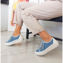 Gdt Ayakkabı Mavi Renk Taşlı Düz Taban Kadın Kot Sneakers