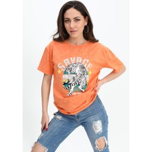Isawella T-Shirt Yıkamalı Kumaş Bisiklet Yaka - Turuncu