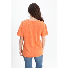 Isawella T-Shirt Yıkamalı Kumaş Bisiklet Yaka - Turuncu