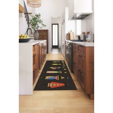 Evdeya Etnik Motifli Modern Kaymaz Taban Yıkanabilir Mutfak Halısı, Mutfak-40-Antrasit,