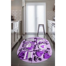 Evdeya 3D Kalp Fincan Motifli Kaymaz Yıkanabilir Modern Oval Mutfak Halısı, O-Mutfak-34-Mor,