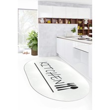 Evdeya Kitchen Yazılı Kaşık Çatal Bıçak Desenli Yıkanabilir Oval Mutfak Halısı, O-Mutfak-49-Beyaz,
