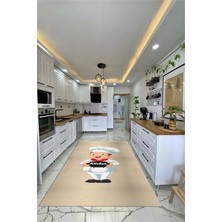 Evdeya Kitchen Yazılı Aşçı Motifli Kaymaz Taban Yıkanabilir Mutfak Halısı, Mutfak-05-Krem,