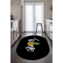 Evdeya Home Yazılı Ananas Desenli Yıkanabilir Kaymaz Oval Mutfak Halısı, O-Mutfak-31-Siyah,