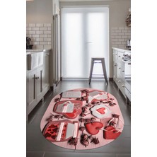 Evdeya 3D Kalp Fincan Motifli Kaymaz Yıkanabilir Modern Oval Mutfak Halısı, O-Mutfak-34-Kırmızı,