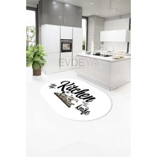 Evdeya Kitchen Yazılı Modern Kaymaz Taban Yıkanabilir Oval Mutfak Halısı, O-Mutfak-41-Beyaz,