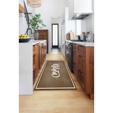 Evdeya Kitchen Yazılı Çerçeveli Kaymaz Taban Yıkanabilir Mutfak Halısı, Mutfak-42-Kahve,