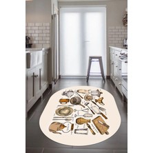 Evdeya Tencere Fincan Bıçak Tabak Bardak Desenli Yıkanabilir Oval Mutfak Halısı, O-Mutfak-35-Kahve,