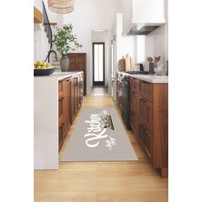 Evdeya Kitchen Yazılı Modern Kaymaz Taban Yıkanabilir Mutfak Halısı, Mutfak-41-Gri-Beyaz,