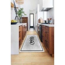 Evdeya Kitchen Yazılı Çerçeveli Kaymaz Taban Yıkanabilir Mutfak Halısı, Mutfak-42-Gri,