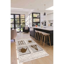 Evdeya Fincan Çatal Bıcak Desenli Yıkanabilir Kaymaz Mutfak Halısı, Mutfak-14-Kahve,