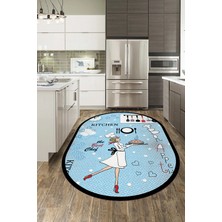 Evdeya Dijital Baskılı Yıkanabilir Kaymaz Kitchen Yazılı Aşçı Oval Mutfak Halısı, O-Mutfak-03-Mavi,
