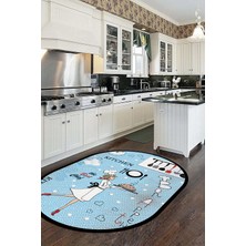 Evdeya Dijital Baskılı Yıkanabilir Kaymaz Kitchen Yazılı Aşçı Oval Mutfak Halısı, O-Mutfak-03-Mavi,