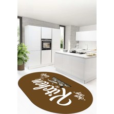 Evdeya Kitchen Yazılı Modern Kaymaz Taban Yıkanabilir Oval Mutfak Halısı, O-Mutfak-41-Kahve-Beyaz,