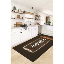 Evdeya Kitchen Yazılı Merdane Desenli Yıkanabilir Mutfak Halısı, Mutfak-28-Kahve,