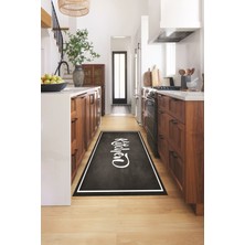 Evdeya Kitchen Yazılı Çerçeveli Kaymaz Taban Yıkanabilir Mutfak Halısı, Mutfak-42-Antrasit,