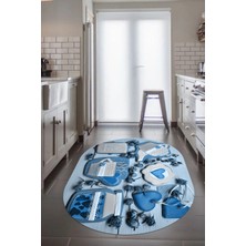 Evdeya 3D Kalp Fincan Motifli Kaymaz Yıkanabilir Modern Oval Mutfak Halısı, O-Mutfak-34-Mavi,