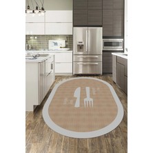 Evdeya Jüt Görünümlü Çatal Bıçak Desenli Yıkanabilir Oval Mutfak Halısı, O-Mutfak-09-Gri,