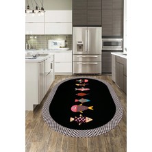 Evdeya Dijital Baskılı Kaymaz Yıkanabilir Renkli Balık Desen Oval Mutfak Halısı, O-Mutfak-11-Antrasit,