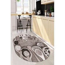 Evdeya 3D Kaşık Baharat Temalı Kaymaz Taban Yıkanabilir Oval Mutfak Halısı, O-Mutfak-29-Vizon,