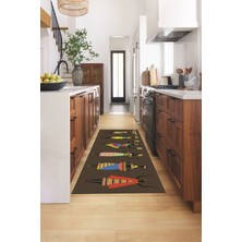 Evdeya Etnik Motifli Modern Kaymaz Taban Yıkanabilir Mutfak Halısı, Mutfak-40-Vizon,