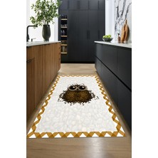 Evdeya Baykuş Desenli Çerçeveli Kaymaz Yıkanabilir Şık Mutfak Halısı, Mutfak-46-Kahve,