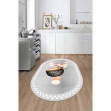 Evdeya Aşçı Horoz Desenli Yıkanabilir Kaymaz Taban Oval Mutfak Halısı, O-Mutfak-08-Gri,