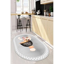 Evdeya Aşçı Horoz Desenli Yıkanabilir Kaymaz Taban Oval Mutfak Halısı, O-Mutfak-08-Gri,