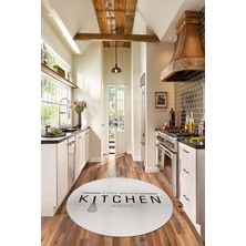 Evdeya Dijital Yıkanabilir Kaymaz Kitchen Yazılı Modern Yuvarlak Mutfak Halısı, Y-Mutfak-04-Krem,