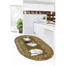 Evdeya Tencere Ekmek Desenli Kaymaz Taban Yıkanabilir Oval Mutfak Halısı, O-Mutfak-45-Kahve,
